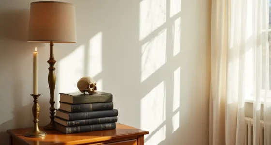 Stacked dark books, brass candlestick, and taxidermy skull arranged on a wooden nightstand with warm window shadows.