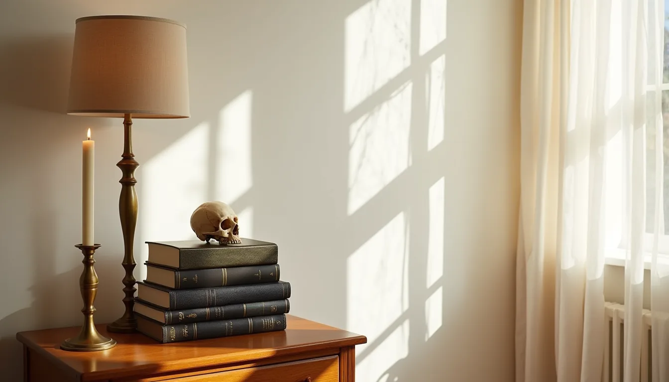 Stacked dark books, brass candlestick, and taxidermy skull arranged on a wooden nightstand with warm window shadows.