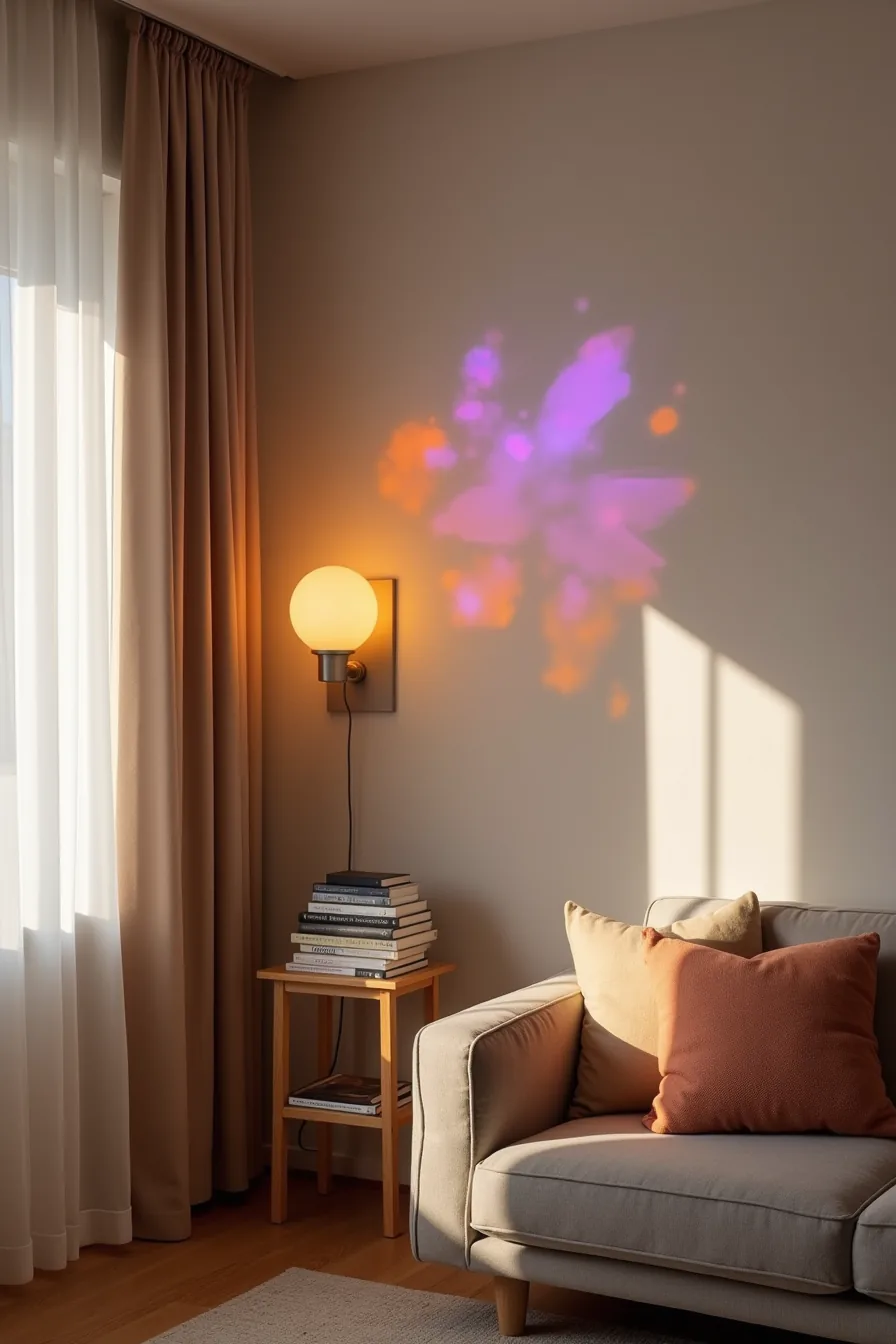 Projected orange and purple geometric patterns on a dark wall with colored smart bulbs in sconces creating layered lighting.