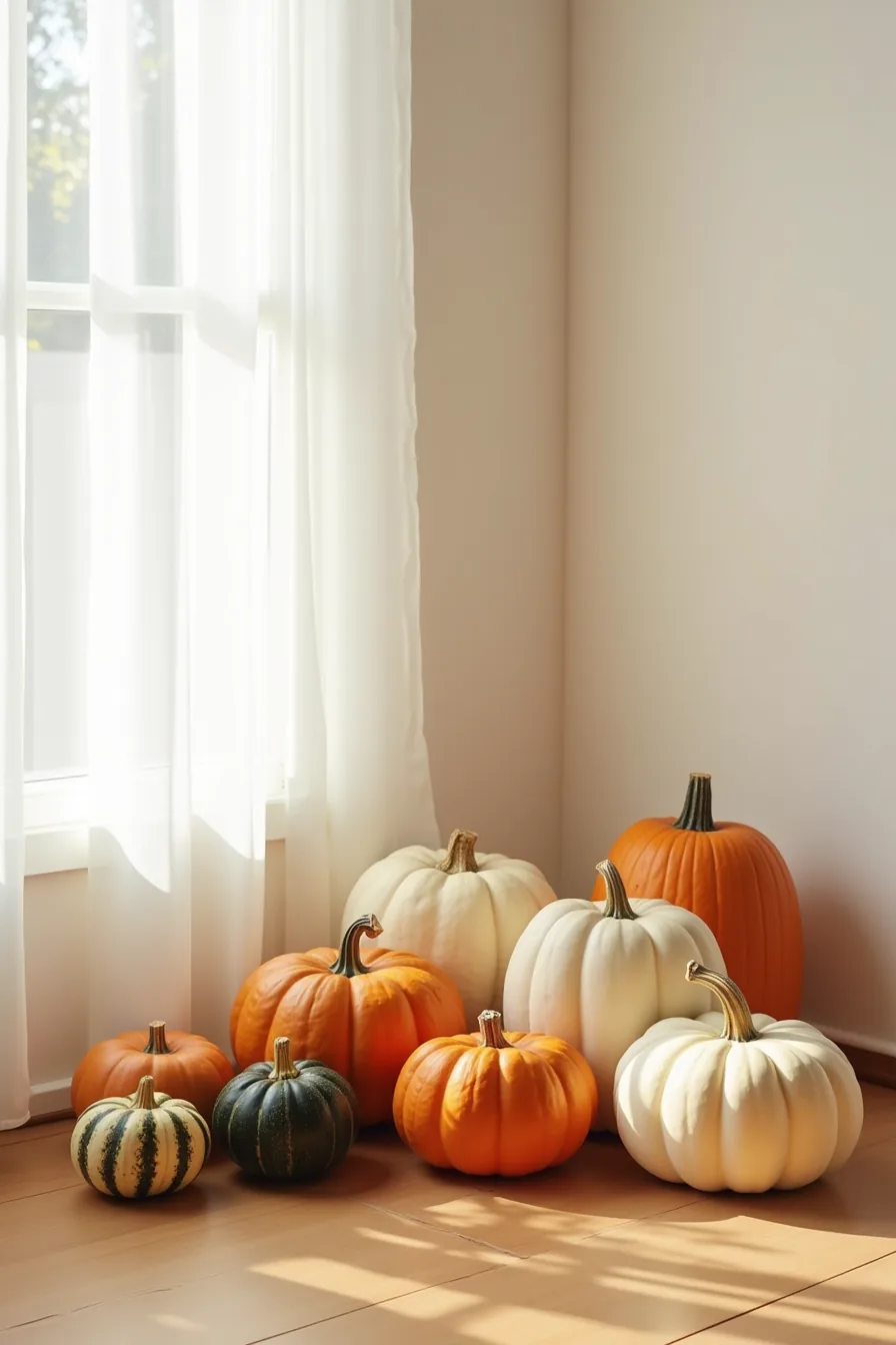 White warty squash, burnt orange pumpkins, and deep green gourds arranged by height on a floor.