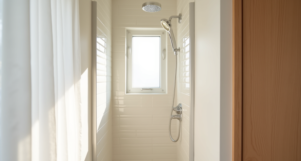 White-tiled shower corner with chrome showerhead and narrow stall space lit by natural window light.