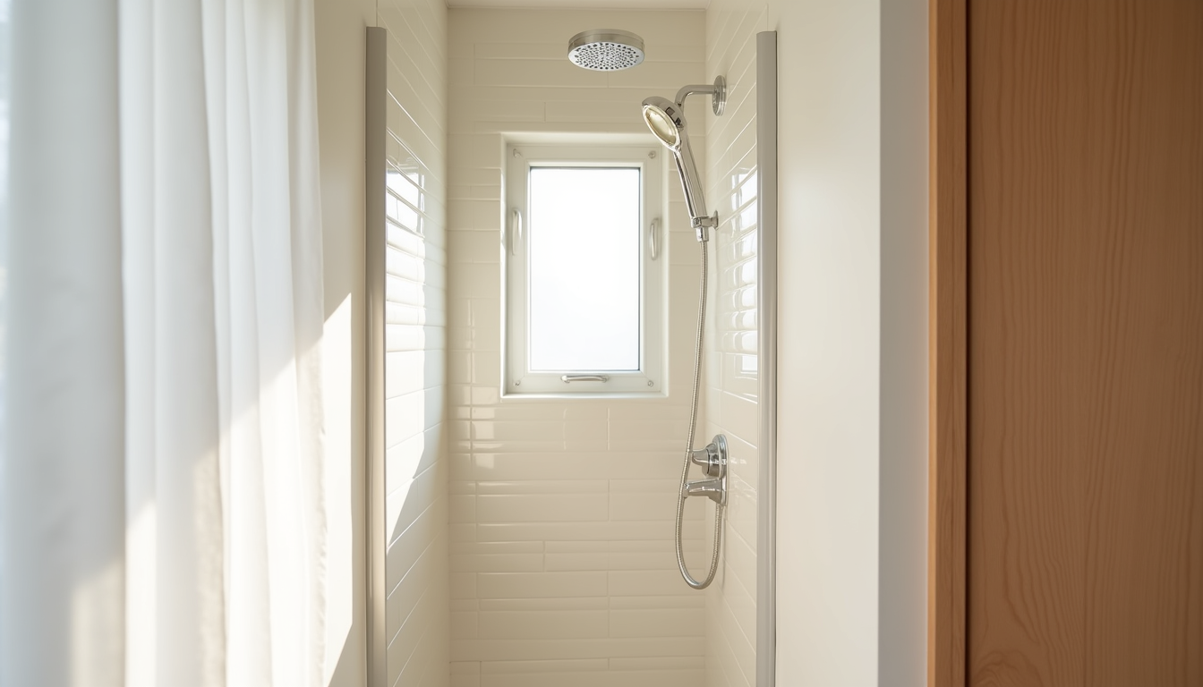 White-tiled shower corner with chrome showerhead and narrow stall space lit by natural window light.