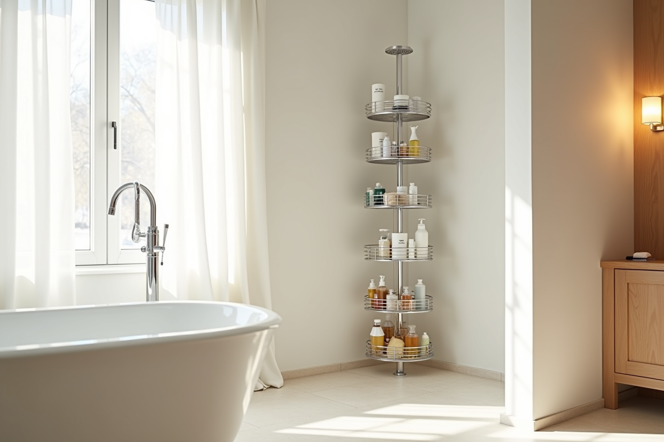 Floor-to-ceiling aluminum corner pole with stacked baskets filled with full-size bottles and bath containers.