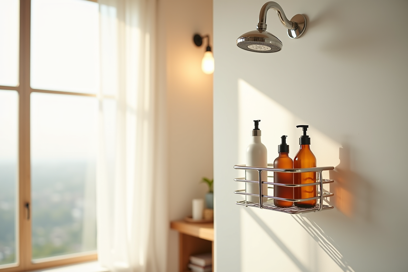 Metal hanging caddy with three stainless steel shelves suspended from showerhead hook above clear shower floor.