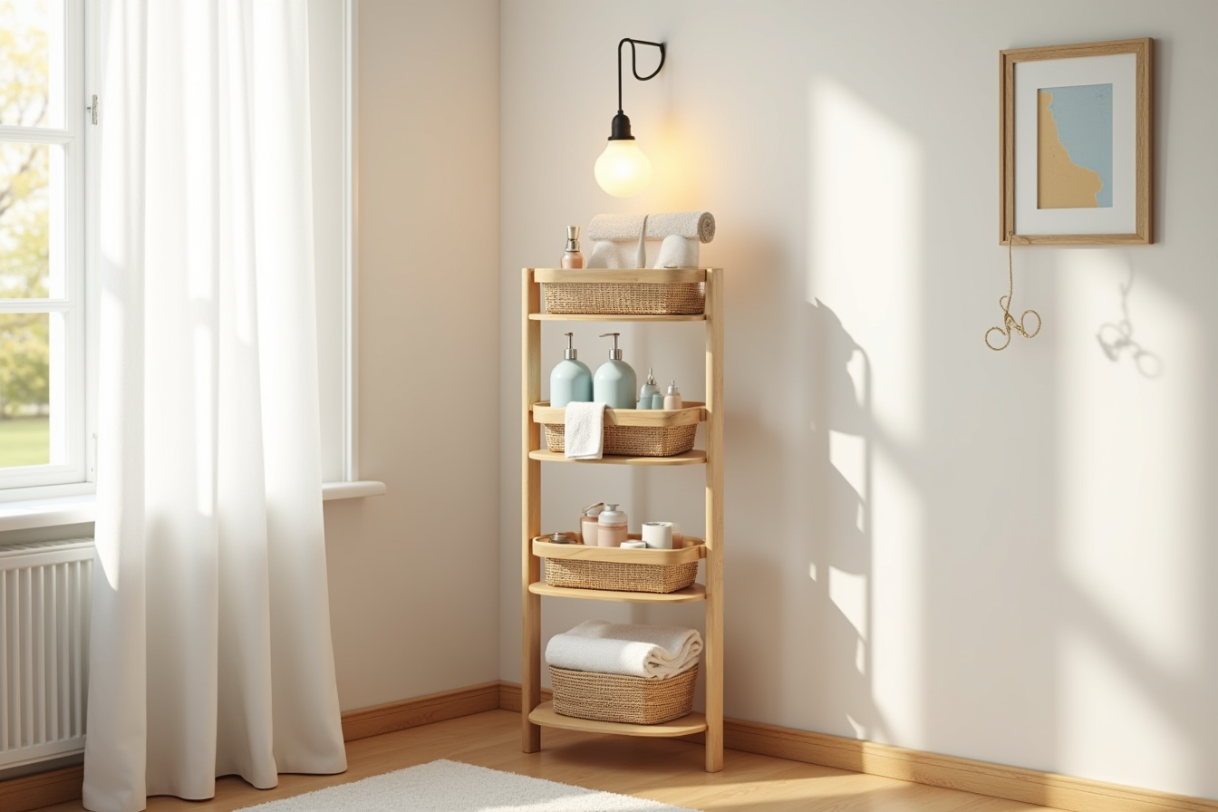 Four-basket tension pole with integrated towel bar displaying folded towel and various bath products in organized tiers.
