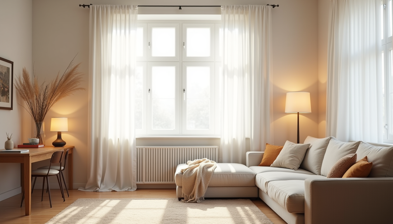 Warm living room with a linen sofa, layered rug, and a reading lamp