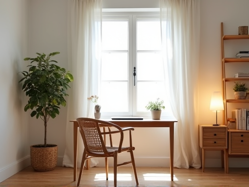 Tidy home office nook with a wood desk and open shelving