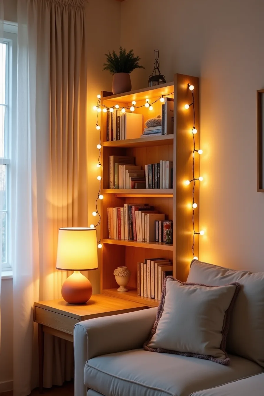 Bookshelf decorated with string lights, an orange uplighter on the wall, and an amber-shaded lamp on a nearby table.