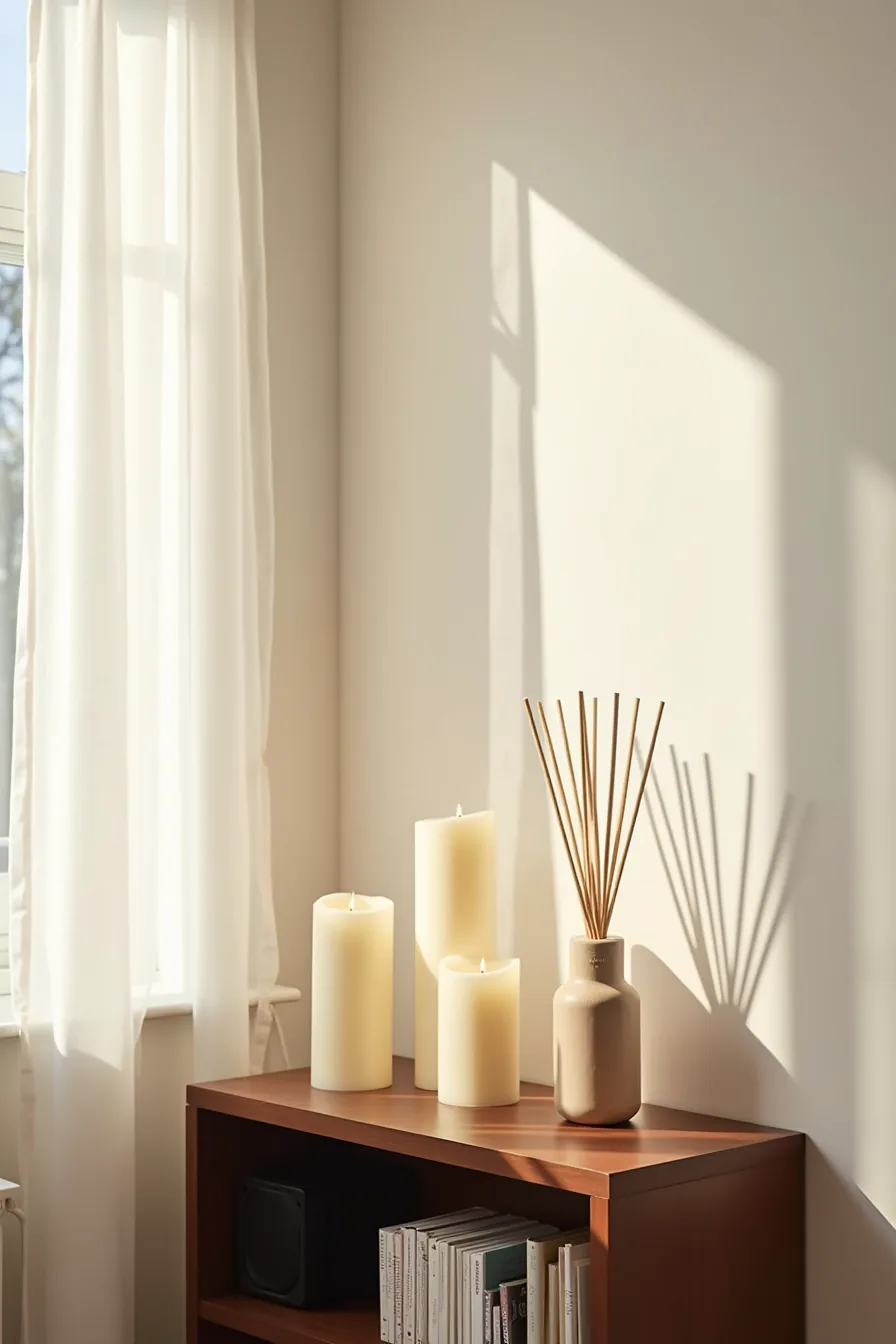 Wooden shelf with three pillar candles of different heights, a reed diffuser, and a speaker in the background.