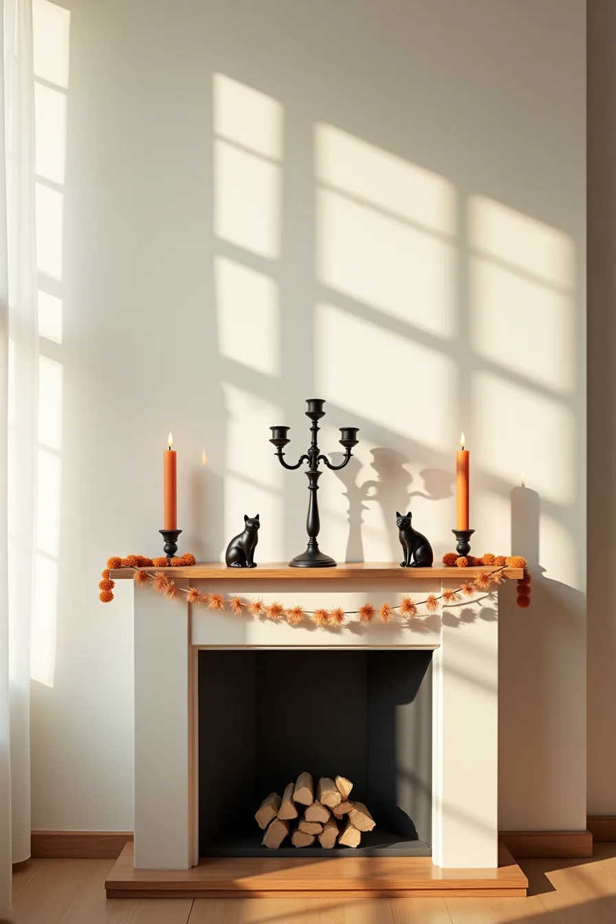 Fireplace mantel with a black candelabra, orange candles, ceramic cats at the ends, and orange garland.