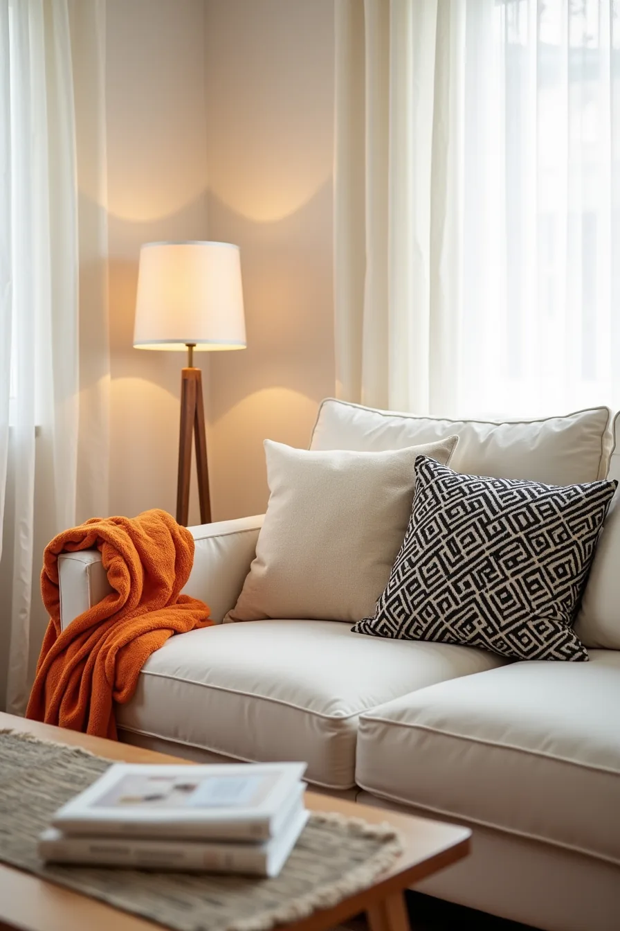 Sofa with an orange throw blanket, black and cream patterned pillows, and a striped runner on the coffee table.