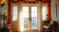Front door decorated with orange and black garland, a carved pumpkin on one side, and a black lantern on the other.