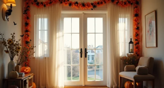 Front door decorated with orange and black garland, a carved pumpkin on one side, and a black lantern on the other.
