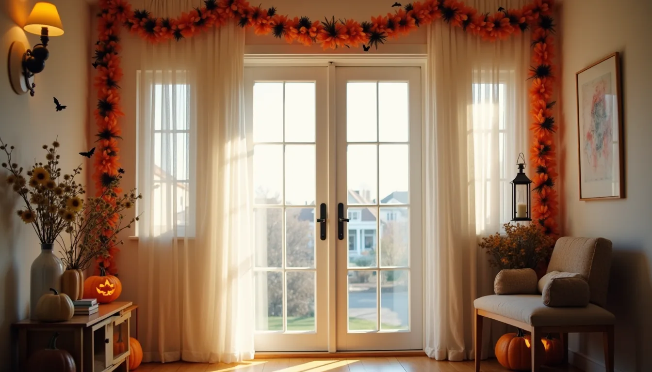 Front door decorated with orange and black garland, a carved pumpkin on one side, and a black lantern on the other.