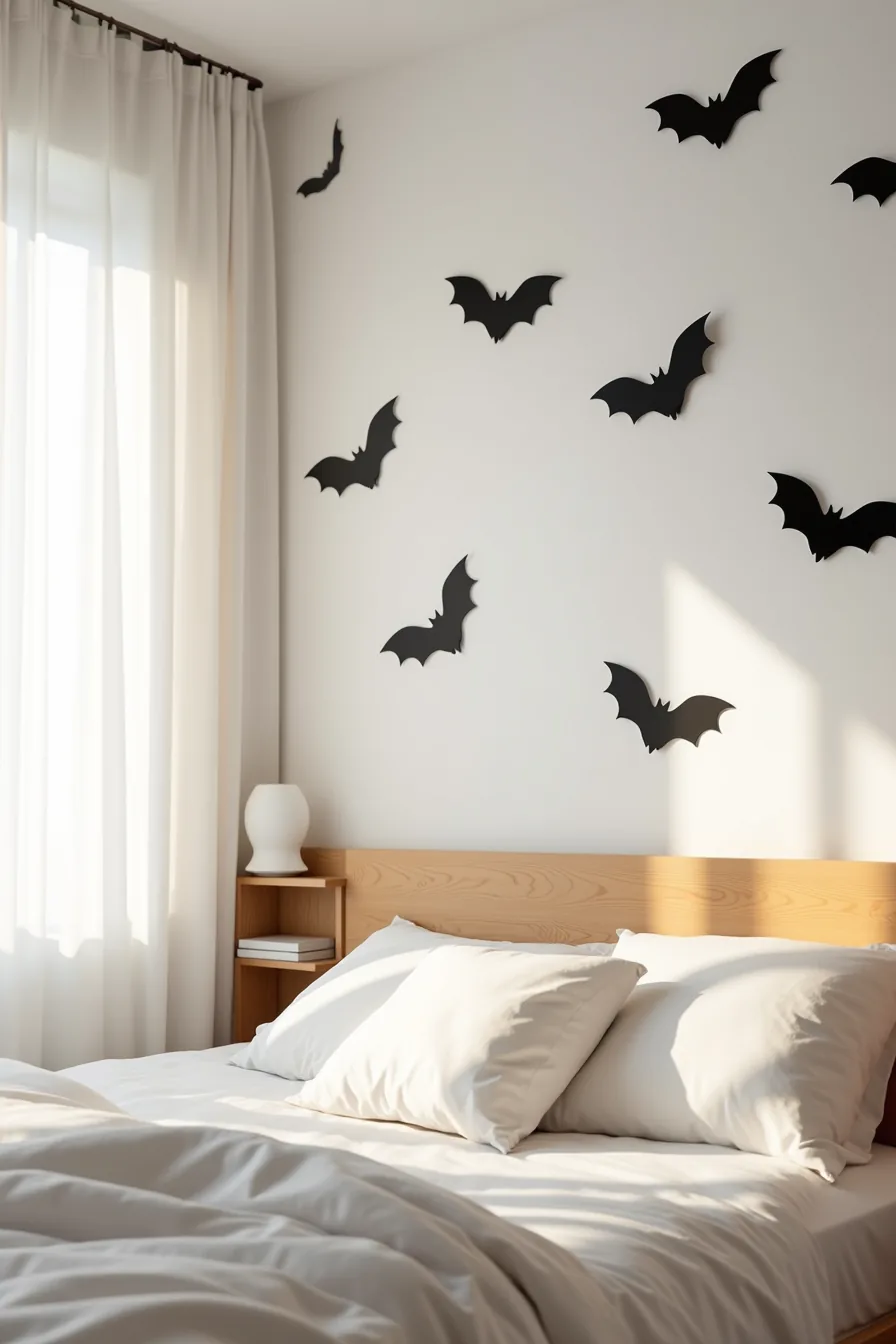 White bedroom wall covered with scattered black bat cutouts held by visible adhesive dots.