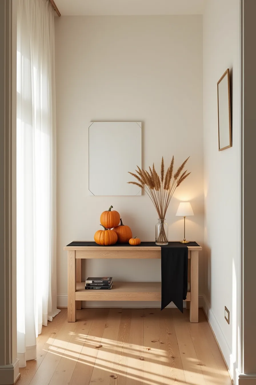 Console table with black runner displaying three stacked pumpkins, dried wheat in a vase, and a leaning mirror.