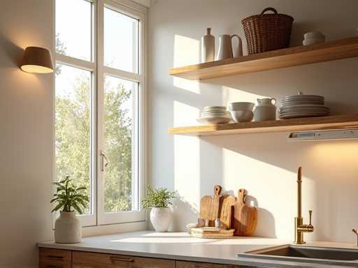 Warm kitchen corner with open wood shelving and ceramic dishware
