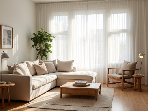 Relaxed living room with neutral seating and warm wood