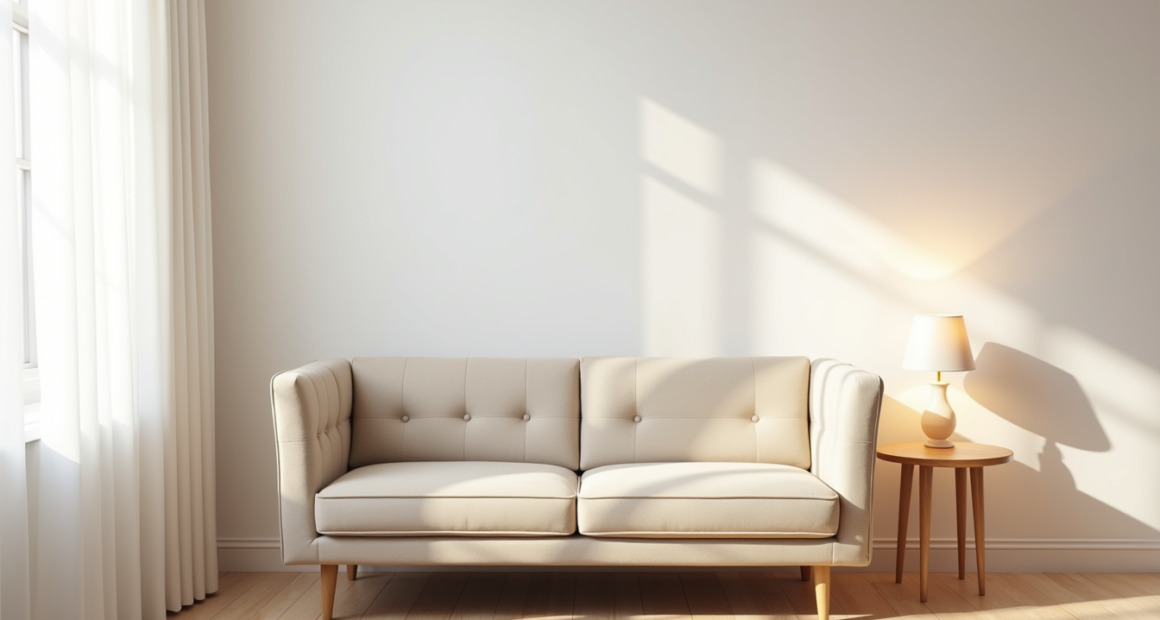A beige button-tufted loveseat sits in a studio corner with a side table and floor lamp nearby.