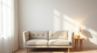 A beige button-tufted loveseat sits in a studio corner with a side table and floor lamp nearby.