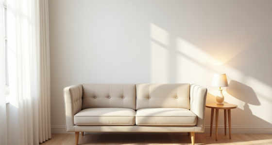 A beige button-tufted loveseat sits in a studio corner with a side table and floor lamp nearby.