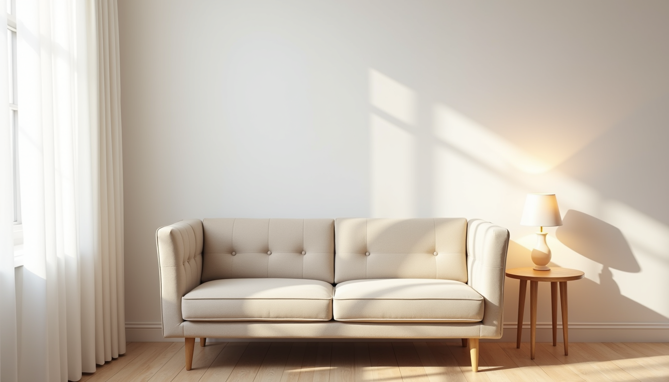 A beige button-tufted loveseat sits in a studio corner with a side table and floor lamp nearby.