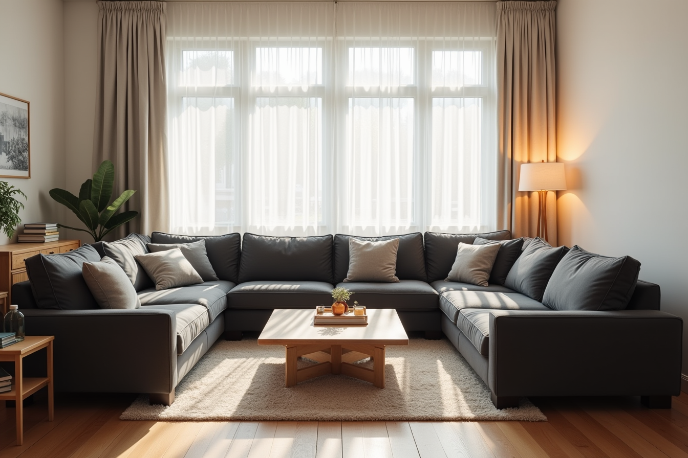 Four people sit on a dark grey L-shaped sectional arranged around a corner with a coffee table in the center.