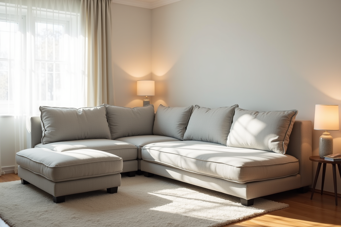 A gray L-shaped sectional with chaise features a reversible ottoman with legs propped up for lounging.