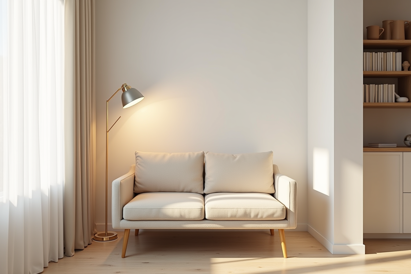 A beige loveseat fits snugly in an office alcove beneath a desk lamp with books on a floating shelf.