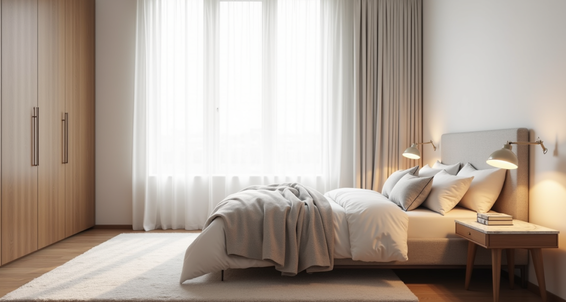 Bedroom corner with upholstered headboard, layered pillows, marble nightstand with lamp, and area rug.