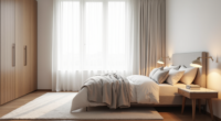 Bedroom corner with upholstered headboard, layered pillows, marble nightstand with lamp, and area rug.