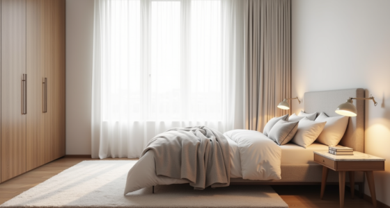 Bedroom corner with upholstered headboard, layered pillows, marble nightstand with lamp, and area rug.