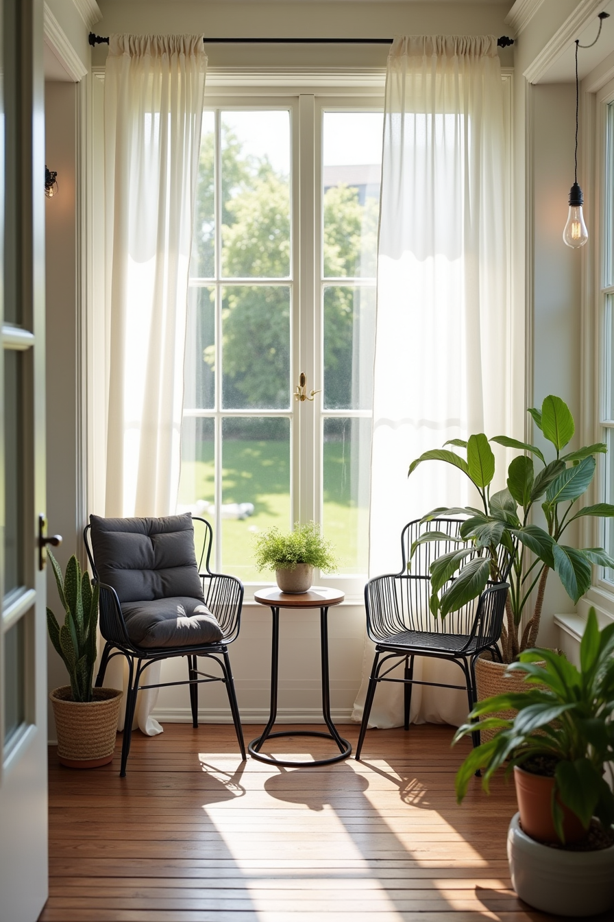 Charcoal puffy blanket folded over a metal patio chair with a round table, plants, and wooden deck.