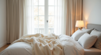 Cream puffy blanket lies across the foot of a neatly made bed with white sheets, gray duvet, and pillows.