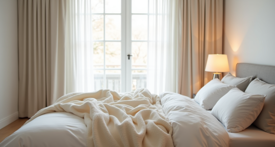 Cream puffy blanket lies across the foot of a neatly made bed with white sheets, gray duvet, and pillows.