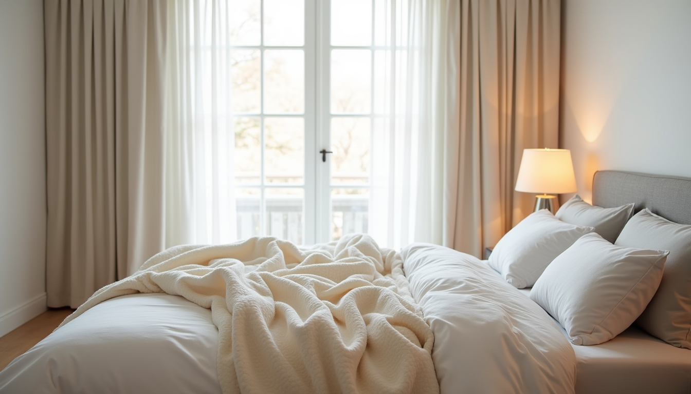 Cream puffy blanket lies across the foot of a neatly made bed with white sheets, gray duvet, and pillows.