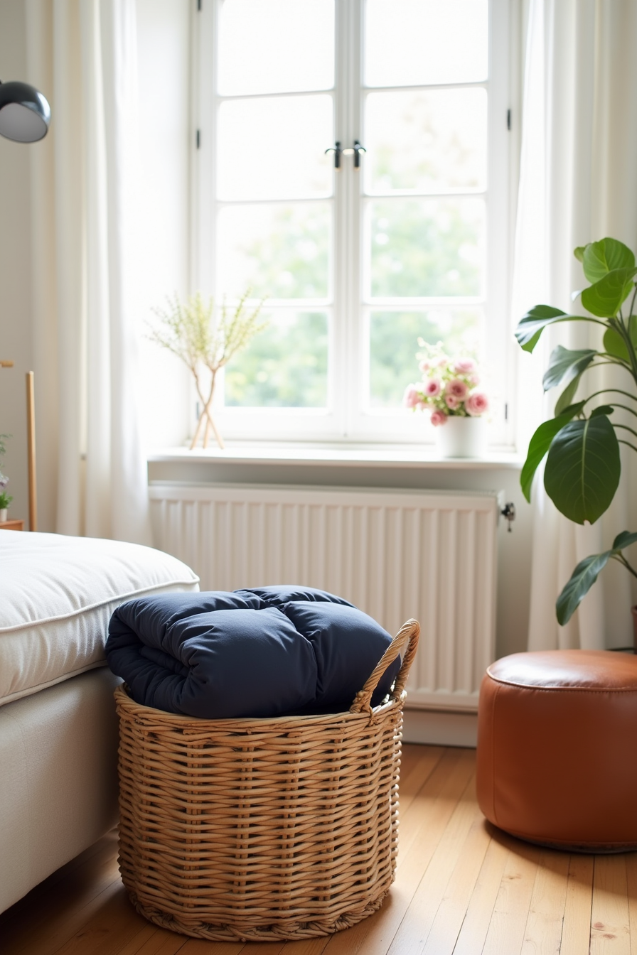 Navy puffy blanket folded inside a rattan basket at the foot of a bench with an ottoman beside it.