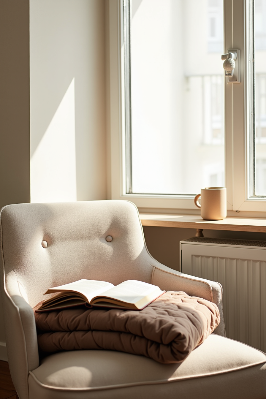 Taupe puffy blanket folded on a reading chair with an open book on top and a mug on the windowsill.