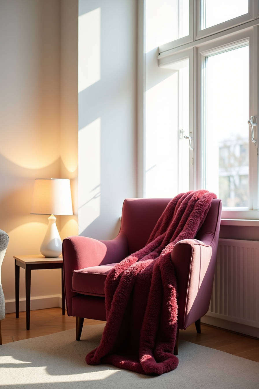 Burgundy puffy blanket drapes over the arm of a velvet chair next to a floor lamp and side table.