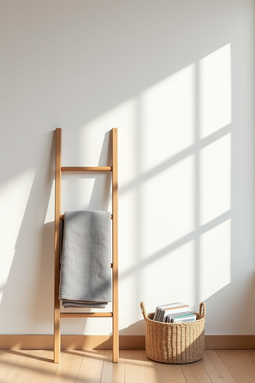 Gray puffy blanket hangs from a wooden ladder leaning against a wall with a magazine basket below.
