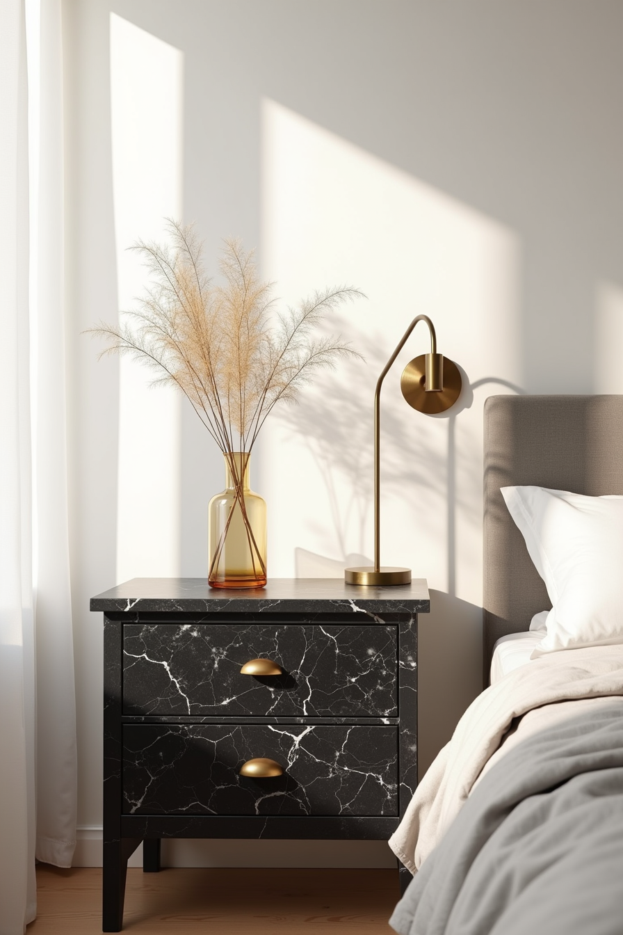 Black marble nightstand with white veining, brass handle and sconce, topped with a glass vase of dried stems.