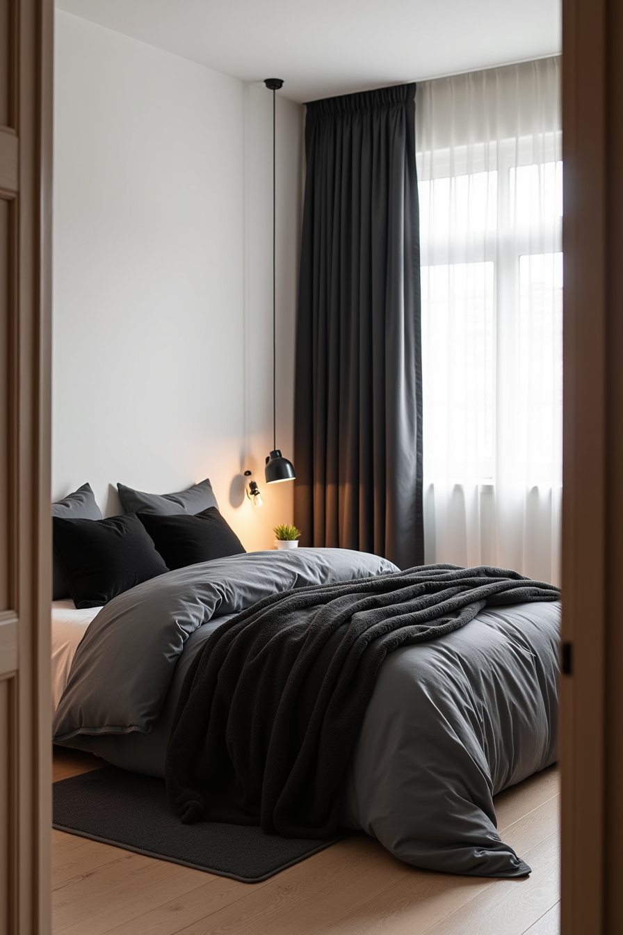 Bed with charcoal quilt and black velvet cushions near black curtains with a charcoal rug on the floor.