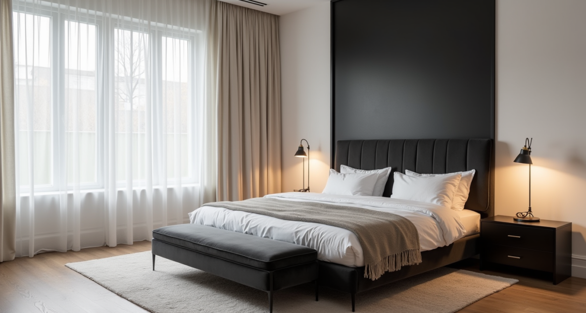 Charcoal velvet headboard against black wall with brass lamp on nightstand and matching bench at bed's foot.