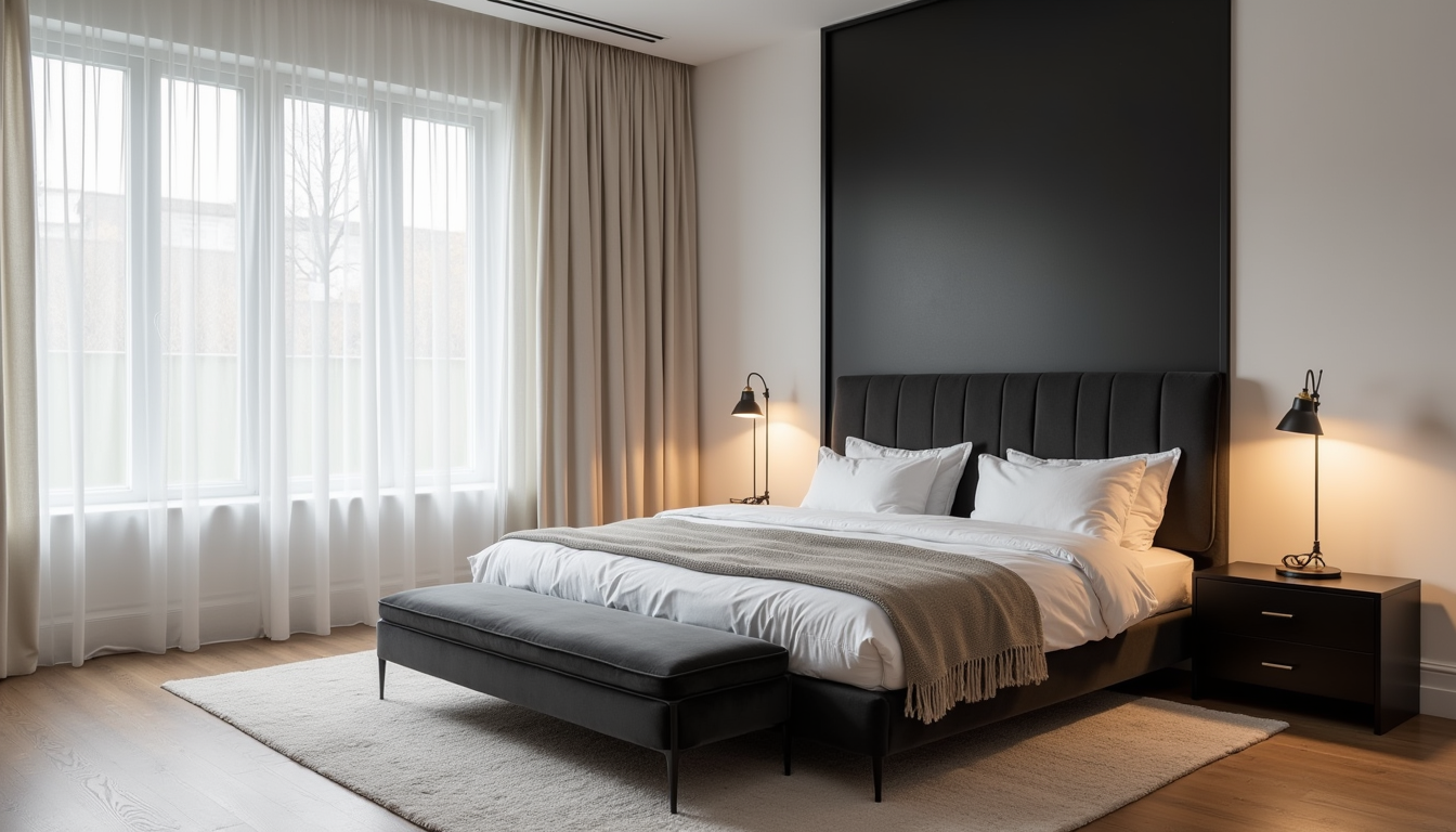 Charcoal velvet headboard against black wall with brass lamp on nightstand and matching bench at bed's foot.