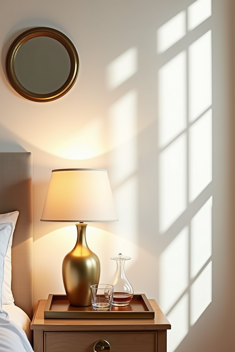 Brass lamp and lacquered tray with glass carafe on nightstand, brass-framed mirror above.