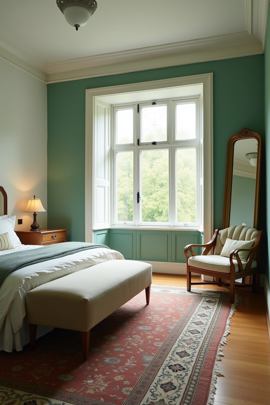 Emerald green bedroom with upholstered bench, jewel-toned patterned rug, and gilt-framed mirror.
