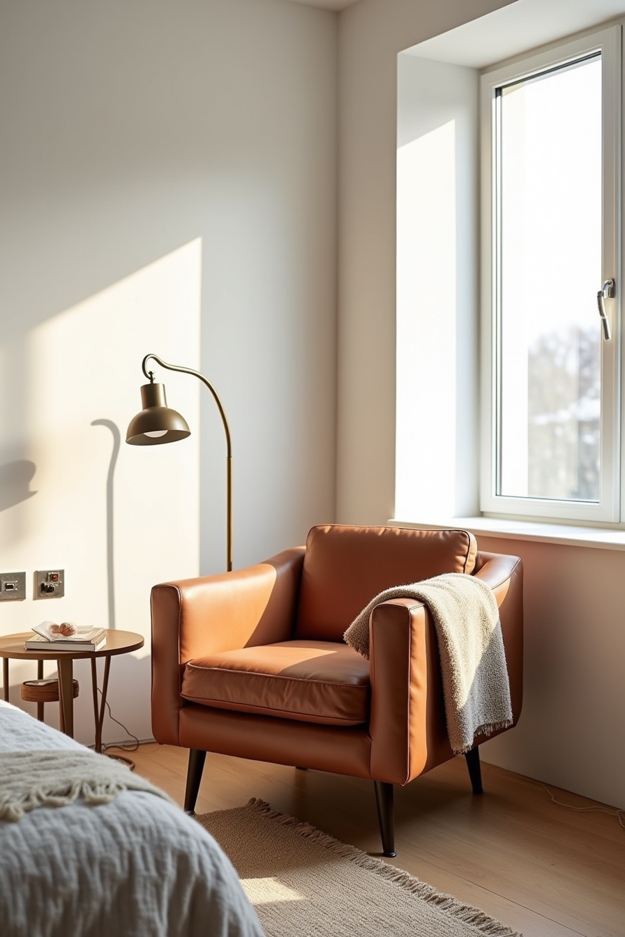 Cognac leather armchair with brass arc lamp, velvet throw, bronze side table, and wool rug in corner.