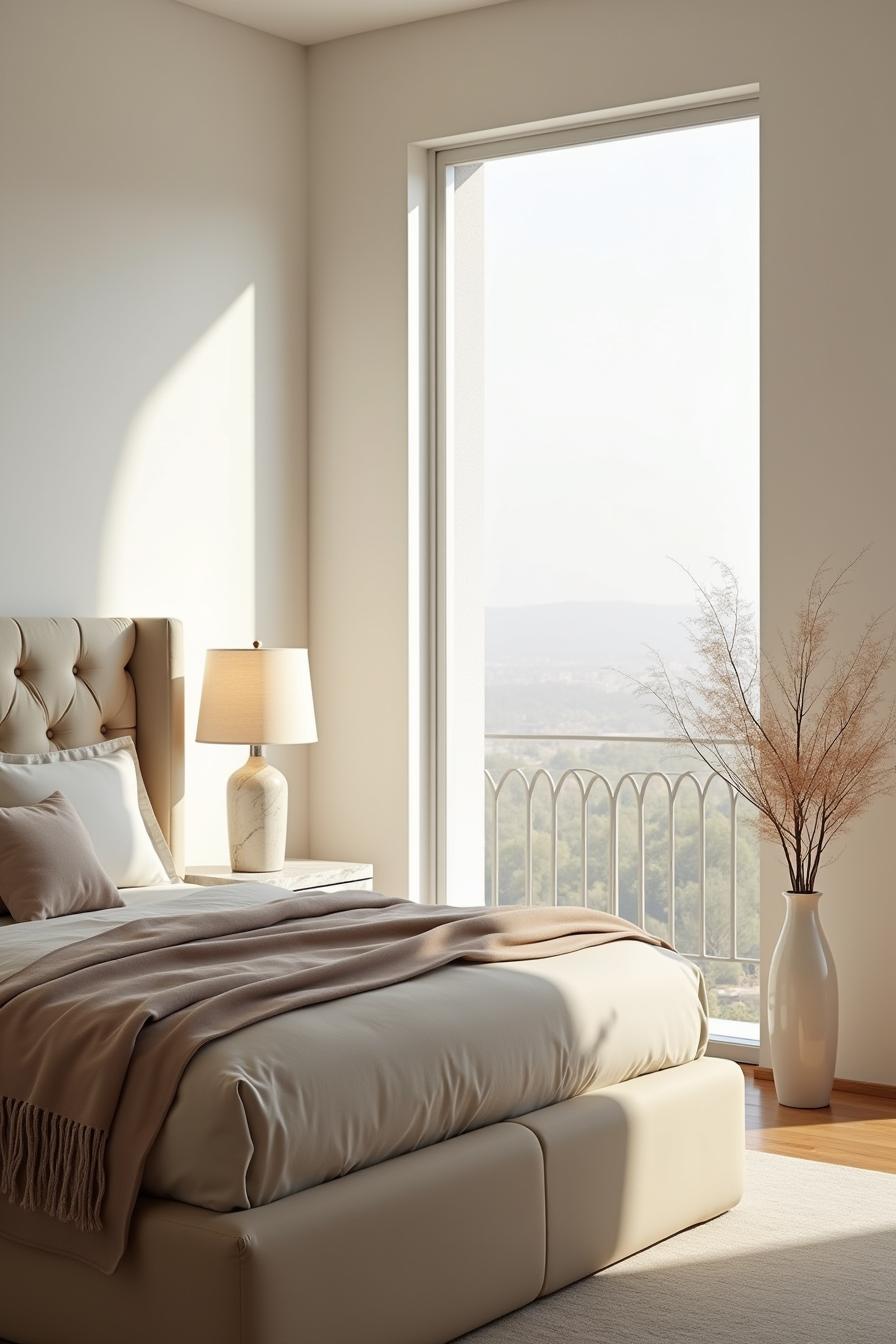 King bed with cream tufted headboard, layered neutral bedding, marble nightstand, and ceramic lamp.
