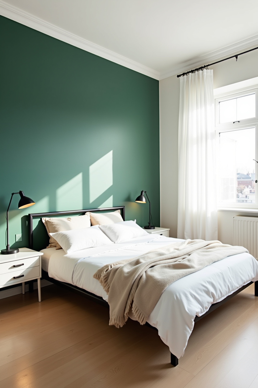 Platform bed with black frame against emerald wall, white oak nightstands, and matte black lamp.