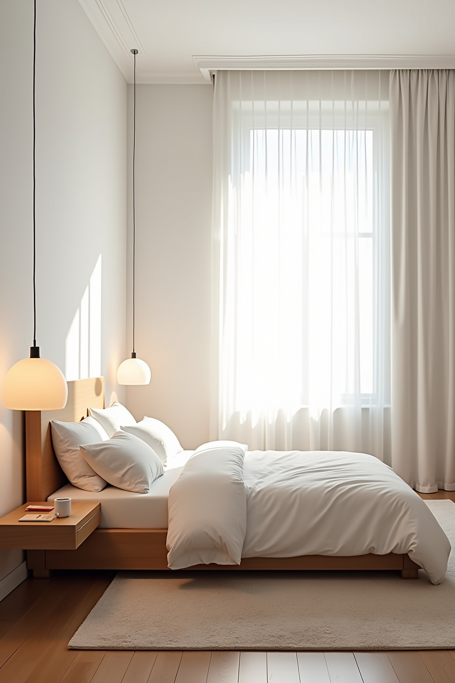 Bedroom with pendant hung low over nightstand, rug tucked under bed, and narrow gap by wall.